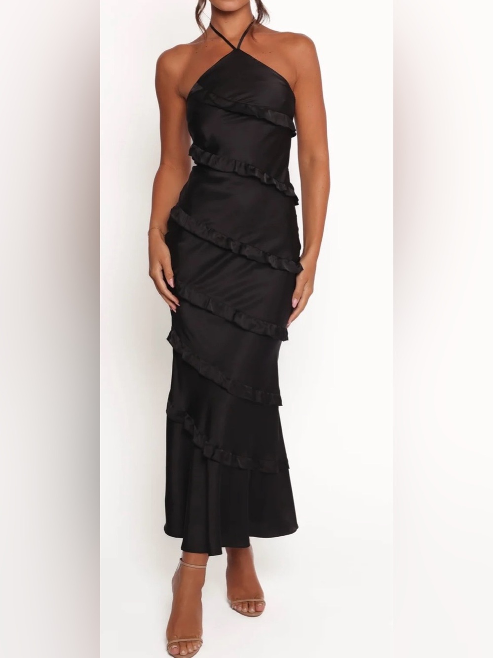 Petal & Pup Roxanne Halterneck Black Diagonal Ruffle Maxi dress